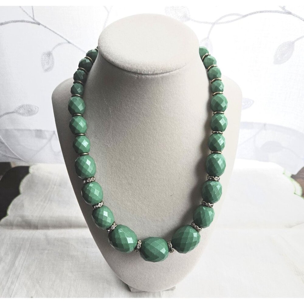 Vintage Green Lucite Beaded Necklace 18" Mid-Century Style Glows